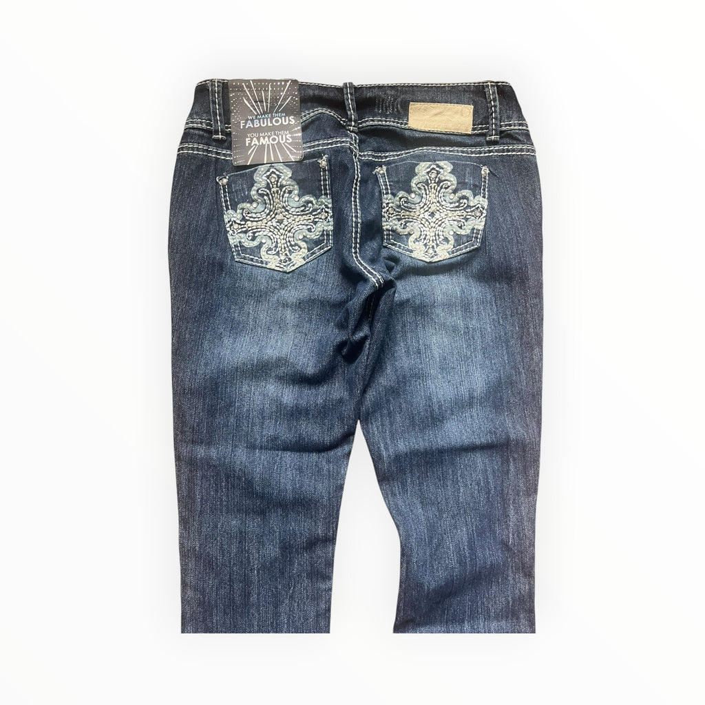Almost Famous Y2K Embroidered Cross Bootcut Jeans – Dark Wash S
