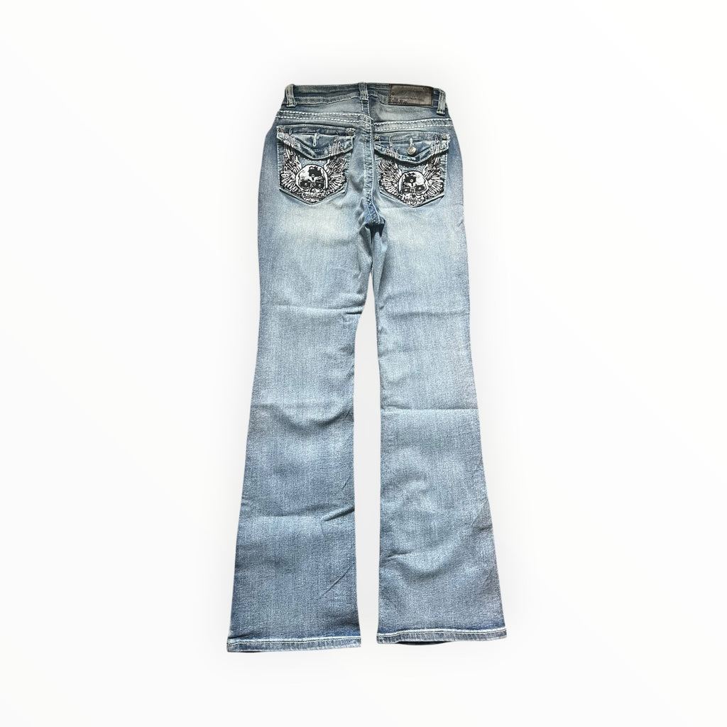 SKY Premium Collection Y2K Skull Wing Bootcut Jeans – Light Wash S