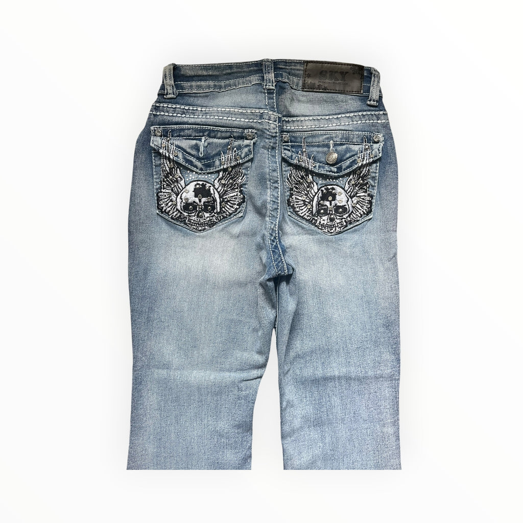 SKY Premium Collection Y2K Skull Wing Bootcut Jeans – Light Wash S