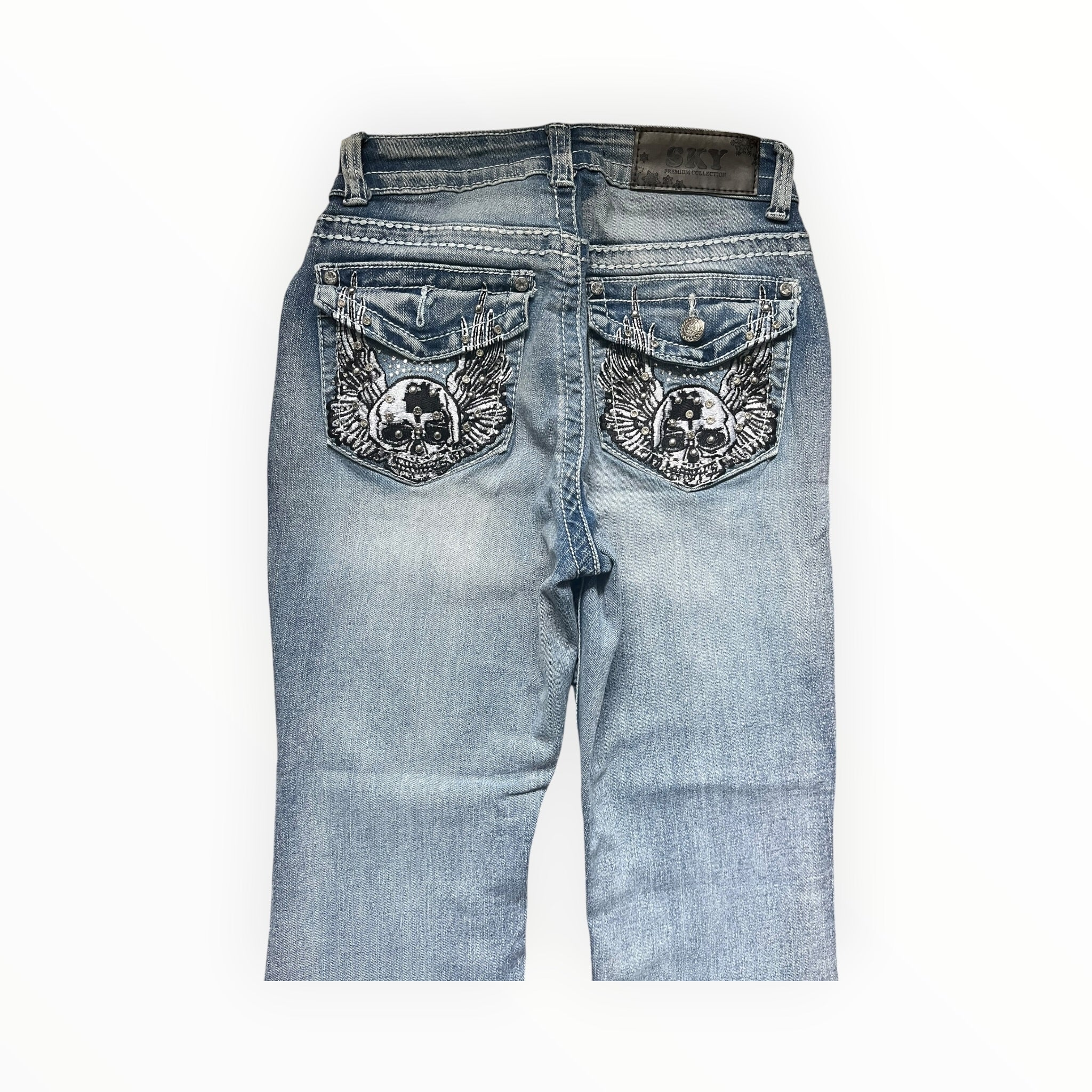 SKY Premium Collection Y2K Skull Wing Bootcut Jeans – Light Wash S