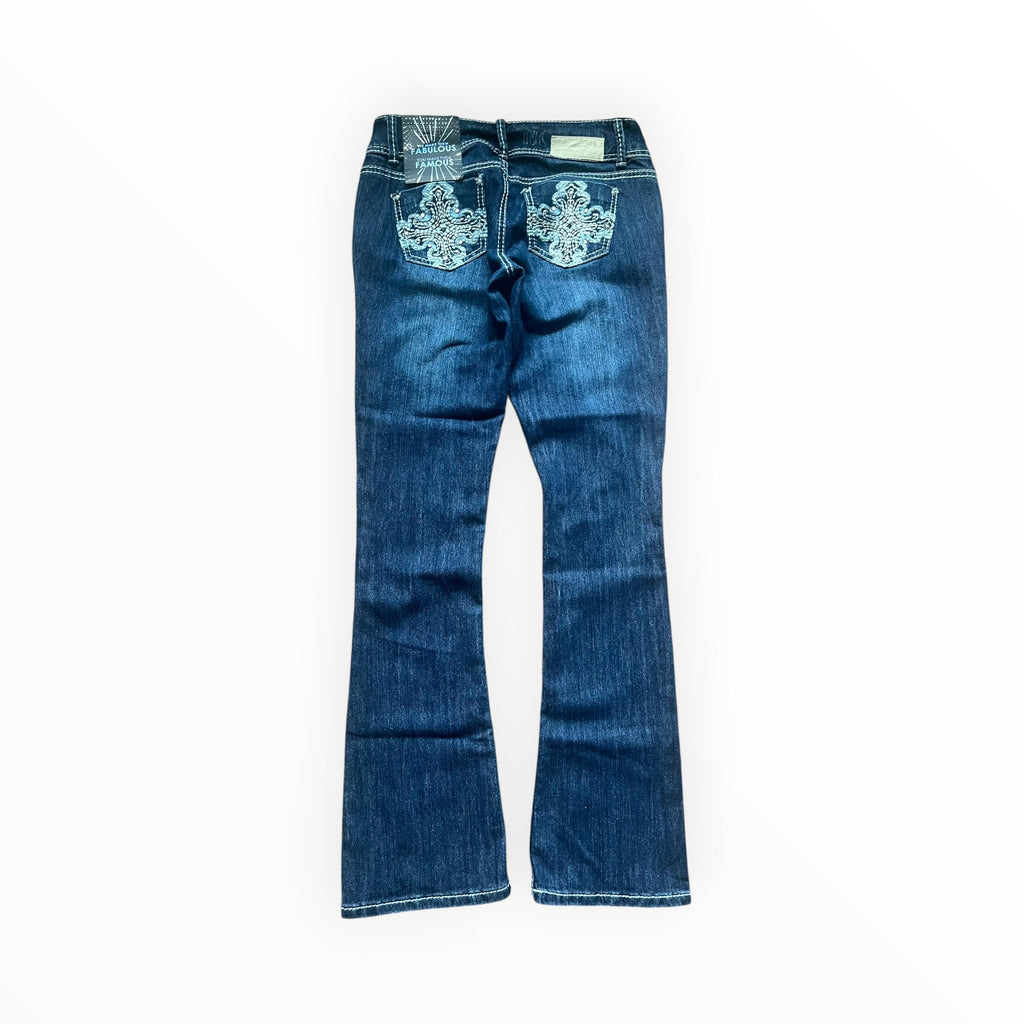 Almost Famous Y2K Embroidered Cross Bootcut Jeans – Dark Wash S