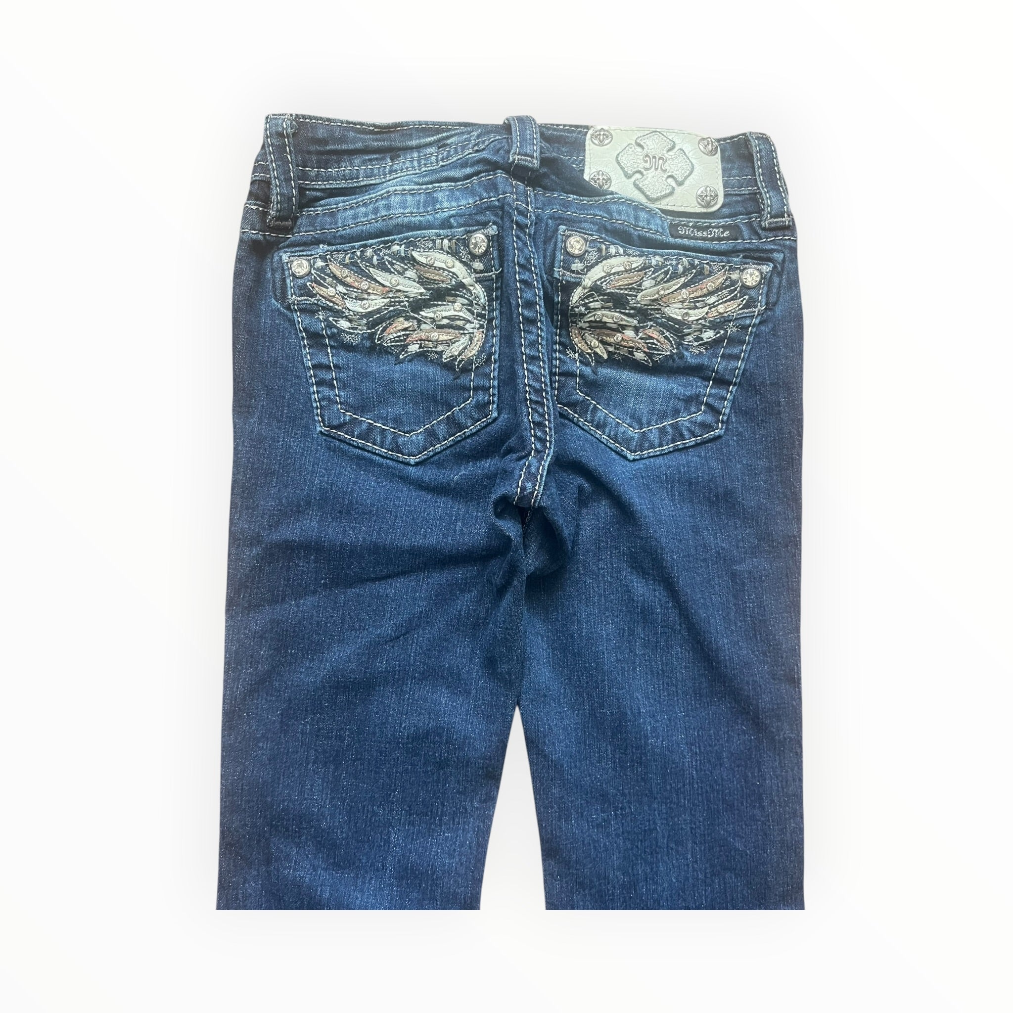 Miss Me Y2K Bootcut Jeans – Dark Wash Rhinestone Wings XS