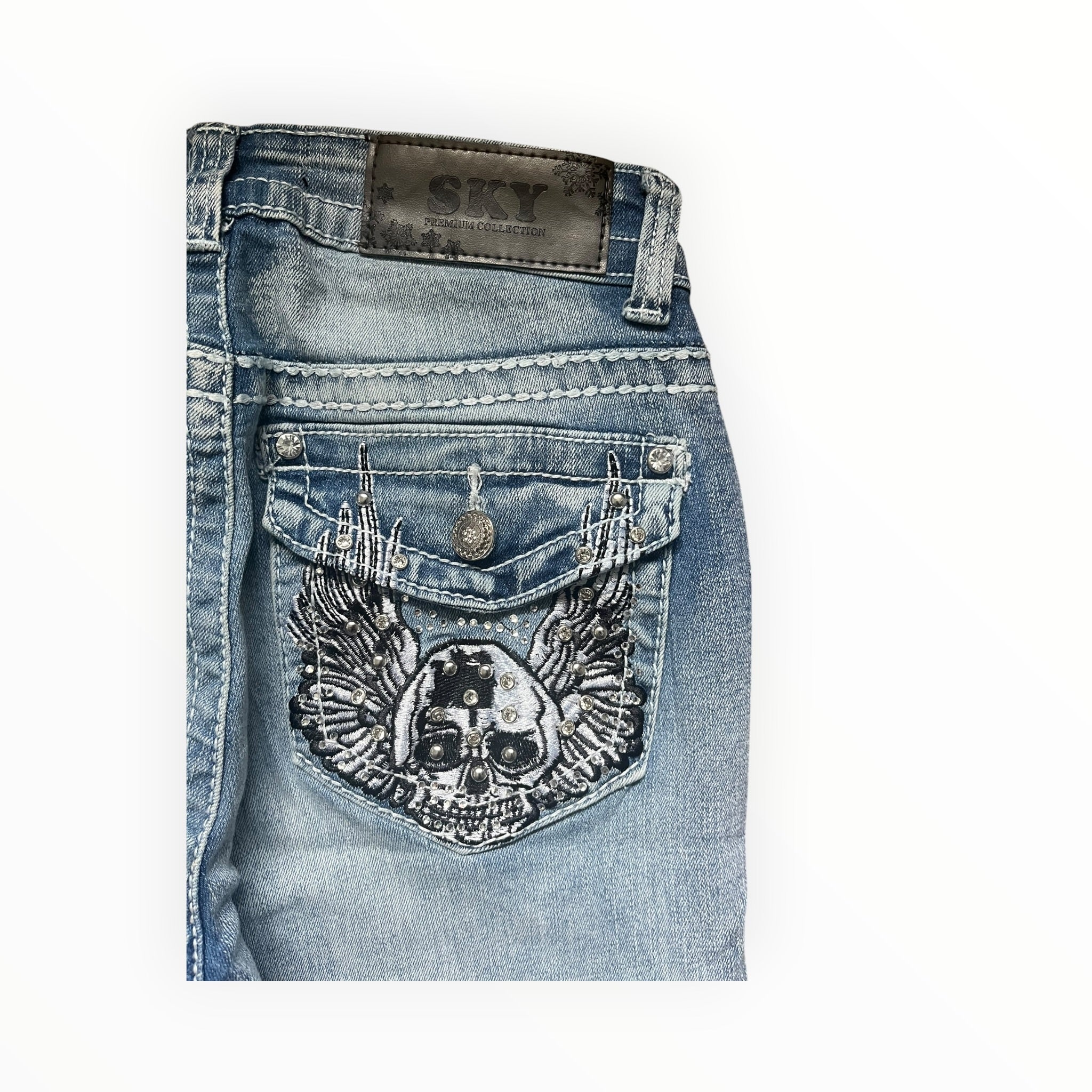 SKY Premium Collection Y2K Skull Wing Bootcut Jeans – Light Wash S